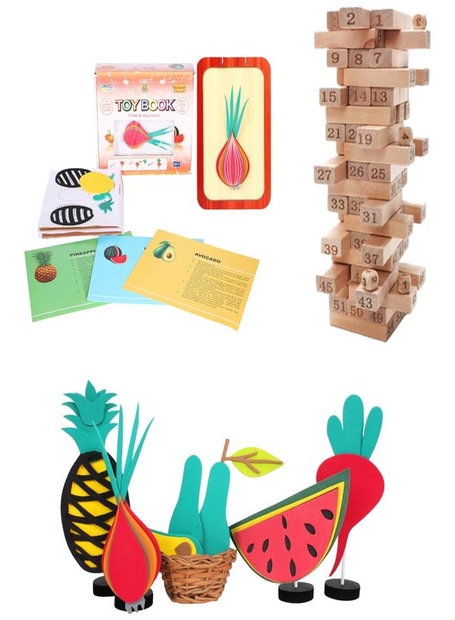 Techny Birds Technybirds Wooden Blocks and Fruits and Vegetables Toy Book Combo | Educational Toys for Kids | Montessori Learning | Building Skills | Nutritional Awareness - Image 1